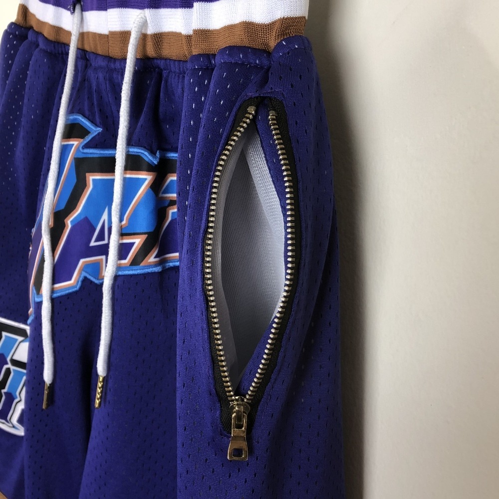 Utah Jazz Just Don 1996-97 Embroidered Print Basketball Shorts Sz S Purple NBA - Picture 6 of 15